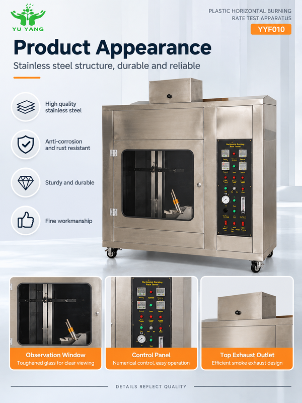 Plastic Horizontal Burning Rate Test Apparatus with >0.5m³ Stainless Steel Test Chamber and 50W Flame for Adjustable 90°,45° Angle Testing