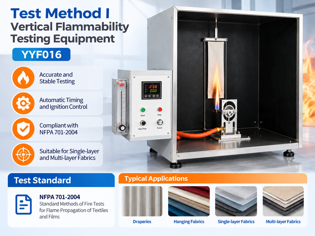 YYF016 Vertical Flammability Testing Equipment with NFPA701-2004 Compliance, PLC and Touch Screen Control, and 50W/500W Test Flame