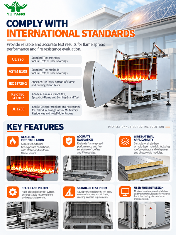 Photovoltaic Panel Flame Spread Tester Compliant with ASTM E108-04 and IEC 61730-2 for PV Module Fire Resistance Testing with 1 to 30 Minutes Test Time and 0.5 Cubic Meters Chamber