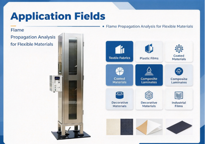 Vertical flame propagation test equipment for multi-layer fabrics and plastic films with area density over 700g/m², used for NFPA 701 Method 2 flammability testing