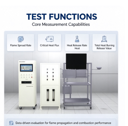 Explosion-proof spread of flame test apparatus with 19° analysis frame for heat release rate testing of vertical construction and transport materials
